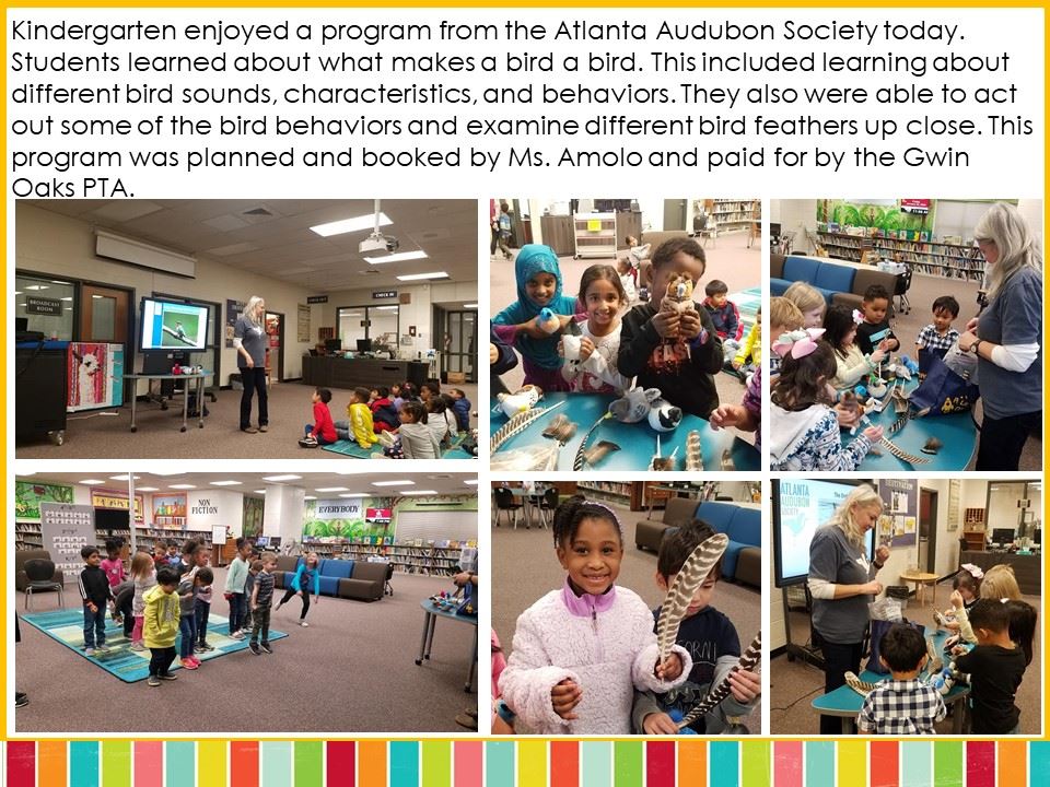 Kindergarten enjoyed a program from the Atlanta Audubon Society today. Students learned about what makes a bird a bird. This 