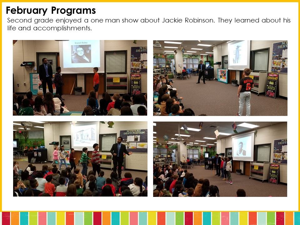 Second grade enjoyed a one man show about Jackie Robinson. They learned about his life and accomplishments.