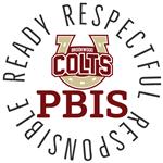 PBIS logo words Ready, Respectful, Responsible in a circle around Brookwood Colts horseshoe and PBIS 