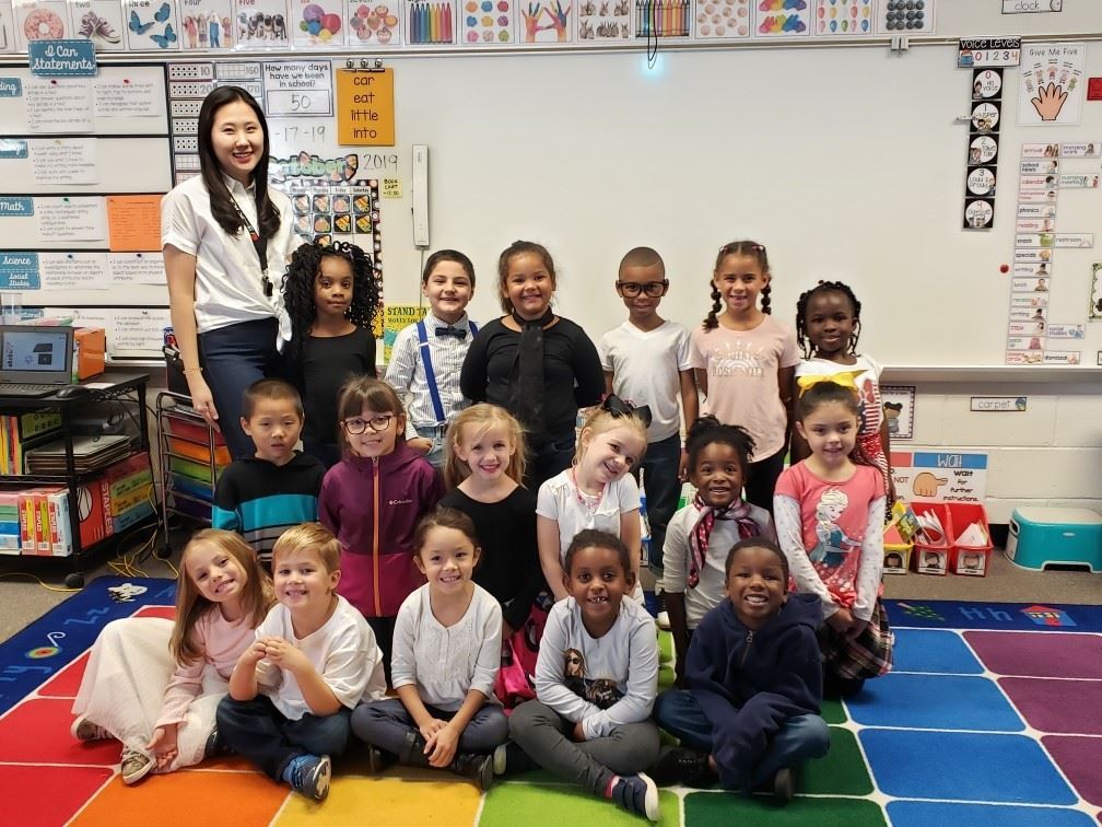 Ms. Kim's kindergarten class celebrating the 50th day of school