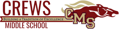 Crews Middle School with bronco head mascot with the letters CMS 