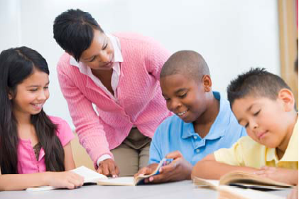 Teacher instructing various students