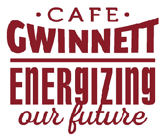 Cafe Gwinnett - Energizing our future text in red on white background 