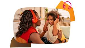 Woman and child wearing headphones are facing each other.