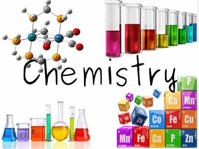 Chemistry - handwritten style text with chemistry tools and models surrounding the word 