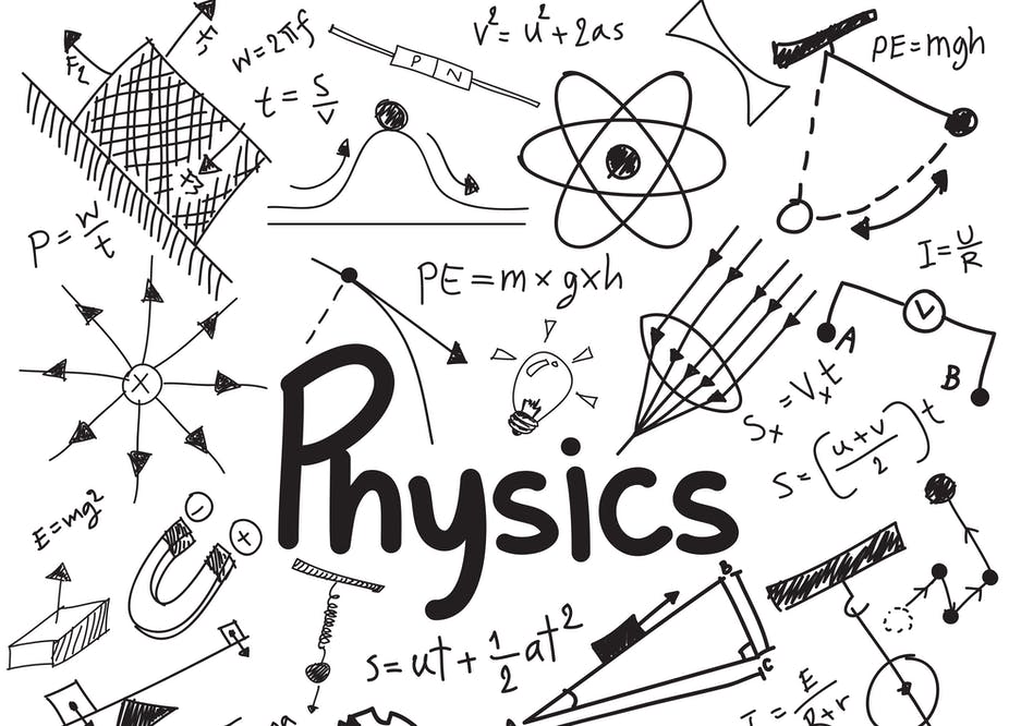 Physics - hand drawn logo featuring formulas and diagrams 