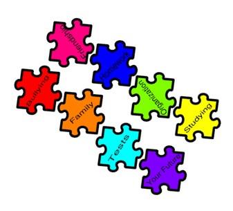 Puzzle pieces with counseling terms. 