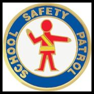 Picture of a safety patrol figure and the words school safety patrol. 
