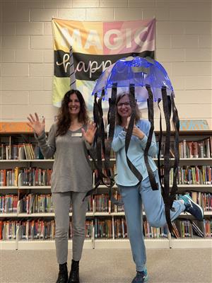 Mrs. Robbins and Ms. Cardinal dressed up as a narwhal and jellyfish
