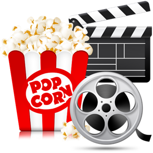 film reel, clapboard, popcorn