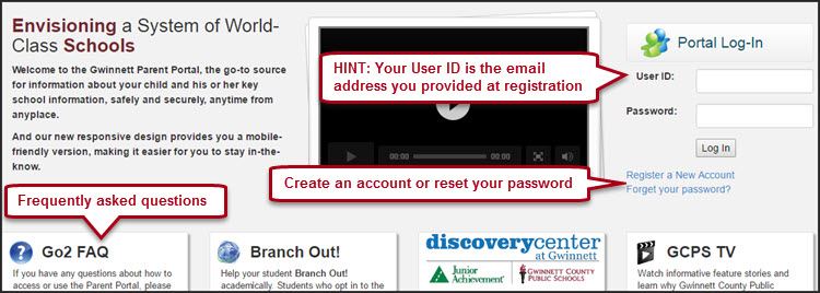 Parent portal preview. Bottom left of page is FAQ's. Upper-right is login and forgot password links.